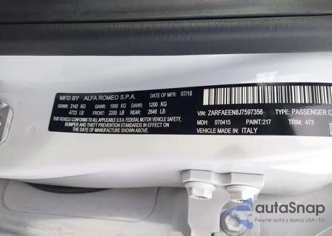 2018 Alfa Romeo Giulia Ti Sport Awd from USA, damaged, VIN ZARFAEEN8J7597356